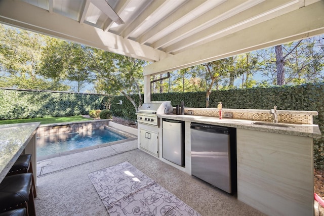 view of patio / terrace with area for grilling, a grill, a fenced backyard, a sink, and a fenced in pool
