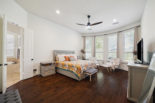 bedroom featuring visible vents, ceiling fan, recessed lighting, and dark wood-style floors