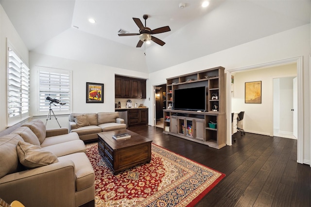 living area with baseboards, ceiling fan, dark wood finished floors, recessed lighting, and lofted ceiling