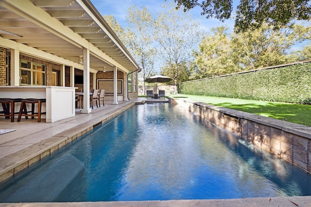 view of swimming pool with a fenced in pool, a patio area, outdoor dry bar, and fence