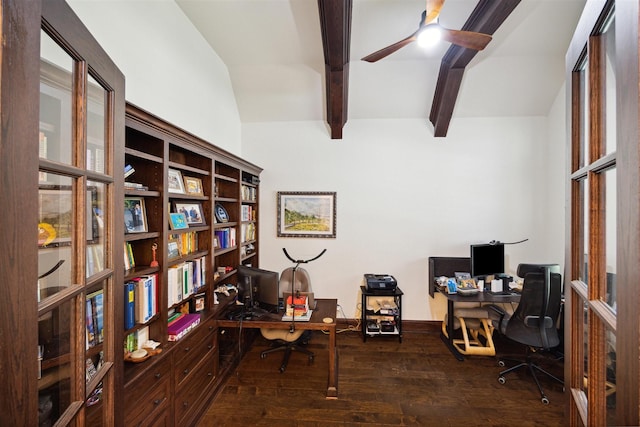 office area featuring ceiling fan, wood finished floors, and lofted ceiling with beams