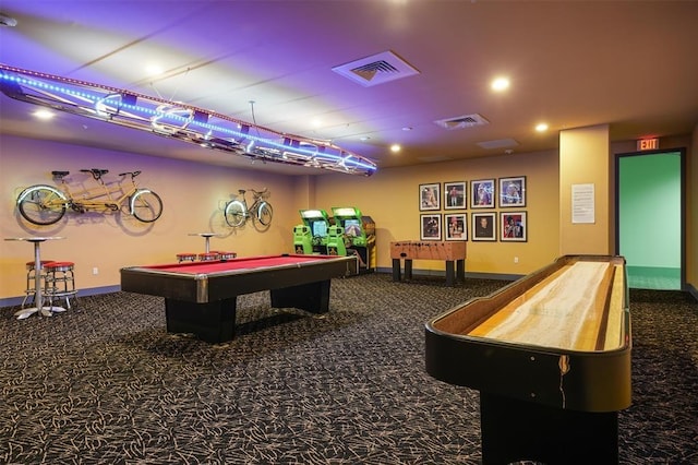 playroom with pool table, baseboards, visible vents, and carpet