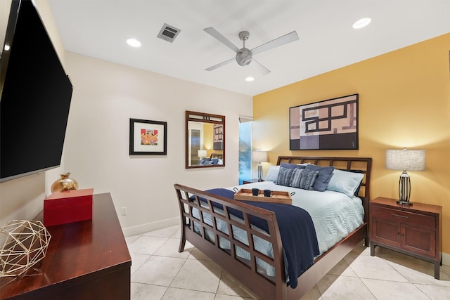 bedroom featuring light tile patterned flooring, visible vents, baseboards, and recessed lighting