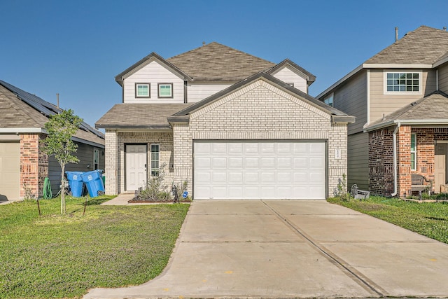 25639 Brooklyn Ln, Porter, TX 77365 - traditional-style home with a front yard, brick siding, an attached garage, a shingled roof, and concrete driveway