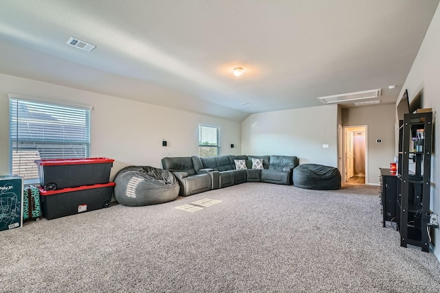 25639 Brooklyn Ln, Porter, TX 77365 - carpeted living area with visible vents and attic access