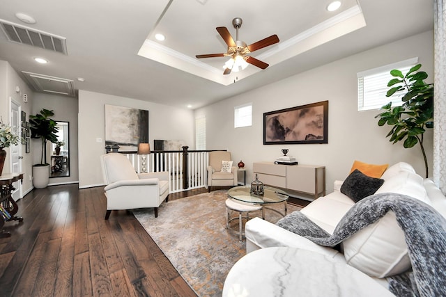 3119 Longleaf Meadows Dr, Houston, TX 77063 - living room featuring attic access, ceiling fan, hardwood / wood-style floors, a raised ceiling, and recessed lighting