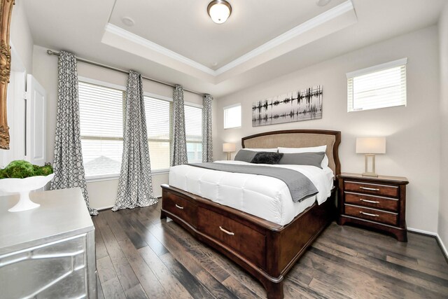 bedroom with baseboards, dark wood finished floors, ornamental molding, and a raised ceiling
