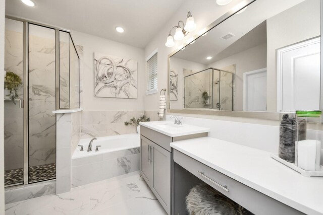 full bathroom with a bath, visible vents, vanity, a marble finish shower, and recessed lighting
