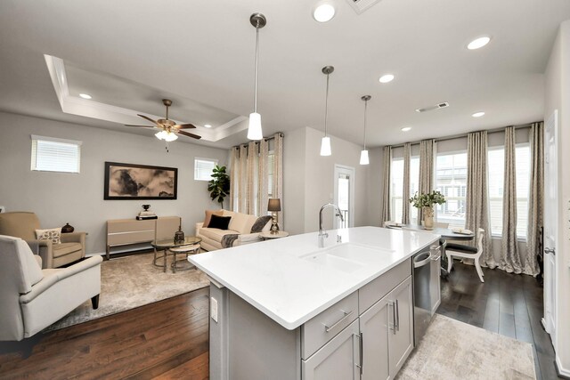 kitchen with a sink, dark wood finished floors, open floor plan, and dishwasher