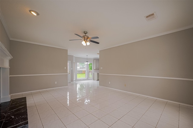 215 Wood Circle Ln, Houston, TX 77015 - unfurnished living room featuring ceiling fan, baseboards, ornamental molding, and light tile patterned floors