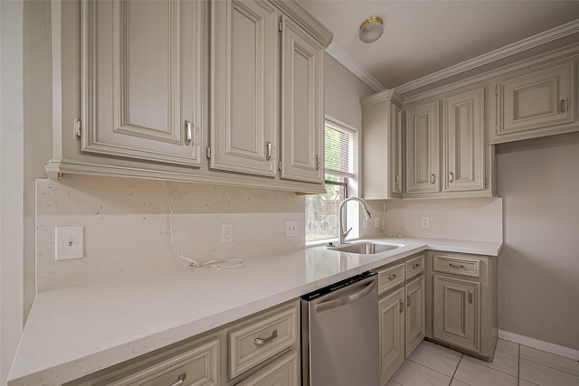 215 Wood Circle Ln, Houston, TX 77015 - kitchen featuring dishwasher, cream cabinetry, a sink, ornamental molding, and backsplash