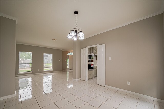 215 Wood Circle Ln, Houston, TX 77015 - spare room featuring a chandelier, crown molding, light tile patterned floors, and baseboards