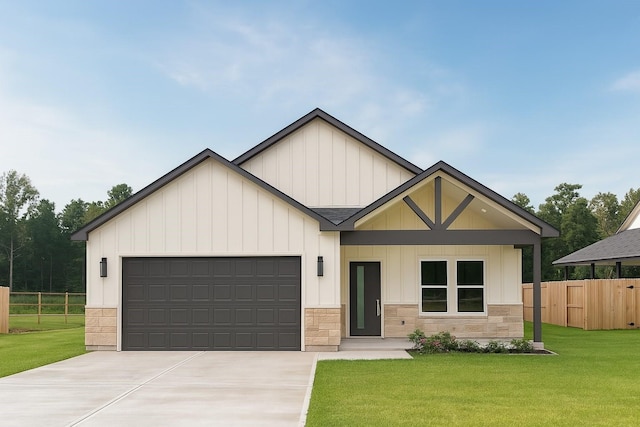 25759 Hickory Ln, Splendora, TX 77372 - modern farmhouse style home featuring board and batten siding, driveway, stone siding, and a garage