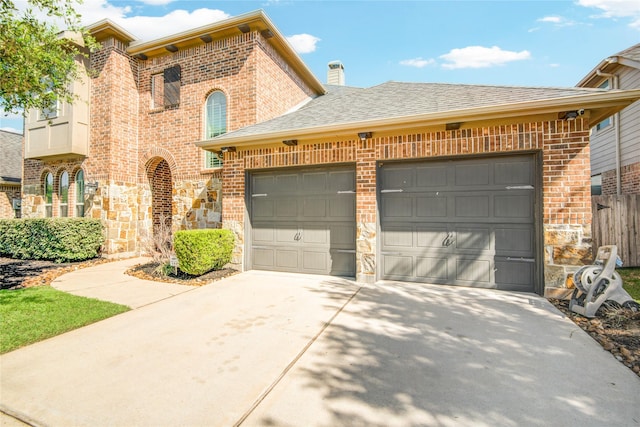 19810 Quarry Stone Ln, Richmond, TX 77407 - view of front of home featuring a garage, a chimney, brick siding, driveway, and roof with shingles