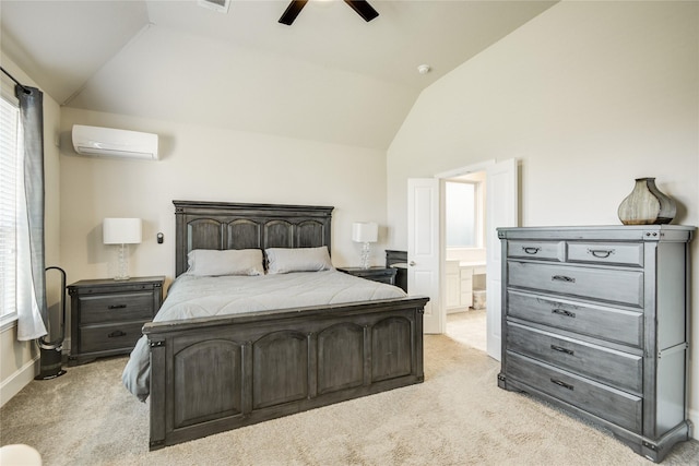 19810 Quarry Stone Ln, Richmond, TX 77407 - bedroom featuring a wall mounted air conditioner, ensuite bathroom, light colored carpet, and lofted ceiling