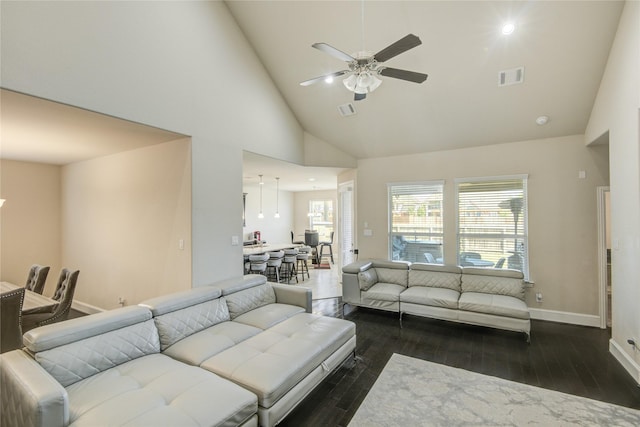 19810 Quarry Stone Ln, Richmond, TX 77407 - living area featuring visible vents, ceiling fan, wood finished floors, and baseboards