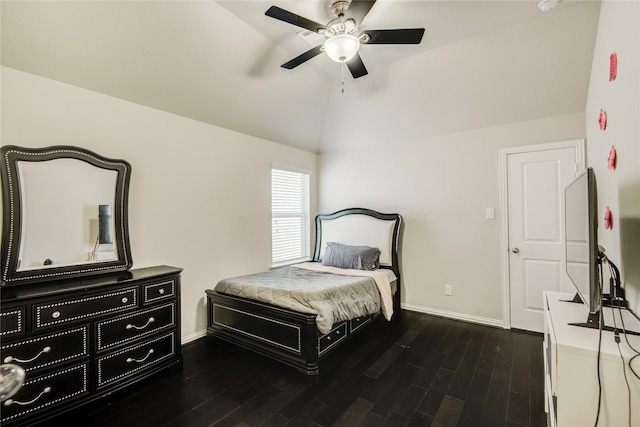 19810 Quarry Stone Ln, Richmond, TX 77407 - bedroom featuring dark wood-type flooring, high vaulted ceiling, baseboards, and a ceiling fan