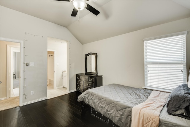 19810 Quarry Stone Ln, Richmond, TX 77407 - bedroom featuring lofted ceiling, ceiling fan, baseboards, and dark wood finished floors