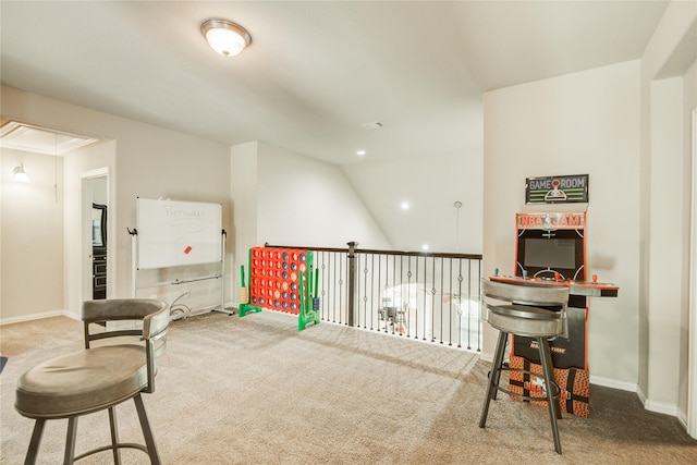 19810 Quarry Stone Ln, Richmond, TX 77407 - interior space featuring baseboards, vaulted ceiling, recessed lighting, attic access, and carpet floors
