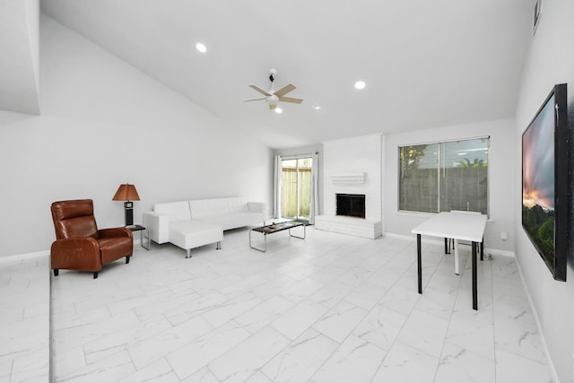 6430 Grandvale Dr, Houston, TX 77072 - living room with a brick fireplace, a ceiling fan, recessed lighting, marble finish floor, and lofted ceiling
