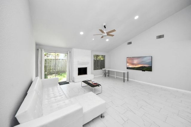 6430 Grandvale Dr, Houston, TX 77072 - living room with visible vents, recessed lighting, vaulted ceiling, a large fireplace, and marble finish floor