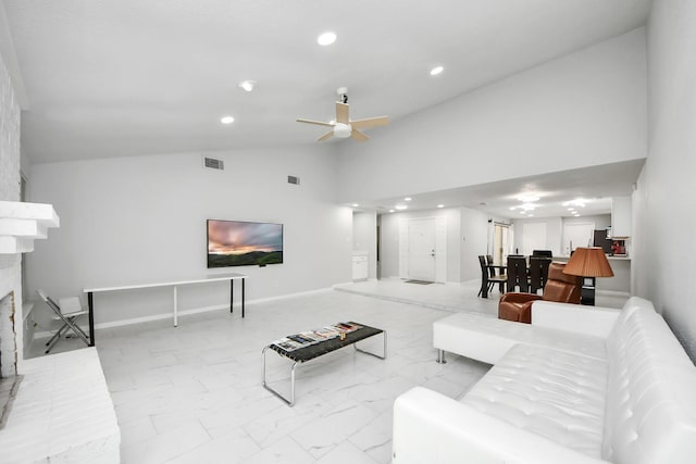 6430 Grandvale Dr, Houston, TX 77072 - living room with visible vents, recessed lighting, marble finish floor, and a ceiling fan