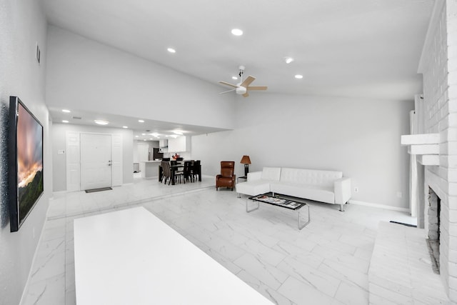 6430 Grandvale Dr, Houston, TX 77072 - living room with marble finish floor, a brick fireplace, and recessed lighting