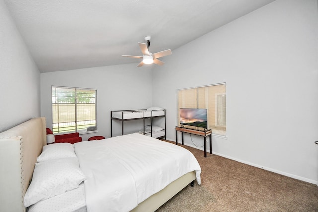 6430 Grandvale Dr, Houston, TX 77072 - bedroom with baseboards, carpet flooring, ceiling fan, and vaulted ceiling
