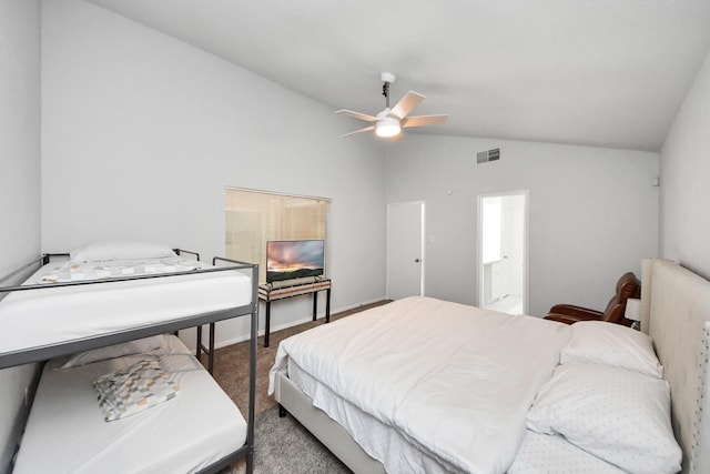 6430 Grandvale Dr, Houston, TX 77072 - bedroom featuring carpet flooring, ceiling fan, vaulted ceiling, and visible vents