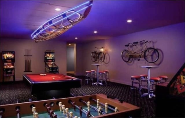 recreation room featuring billiards, recessed lighting, and carpet flooring