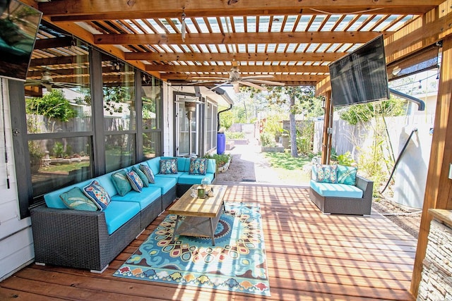 view of patio / terrace featuring a ceiling fan, an outdoor hangout area, and a fenced backyard