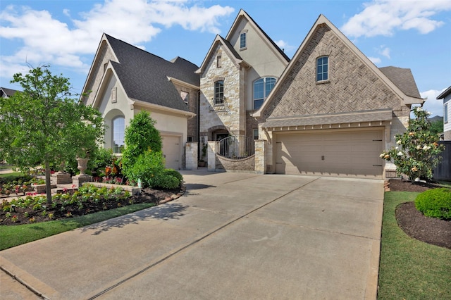 french country style house featuring roof with shingles, stucco siding, driveway, stone siding, and fence