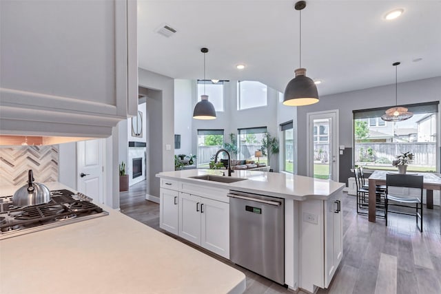 kitchen with a sink, light countertops, plenty of natural light, and stainless steel appliances
