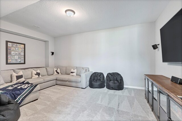 carpeted living area with baseboards and a textured ceiling