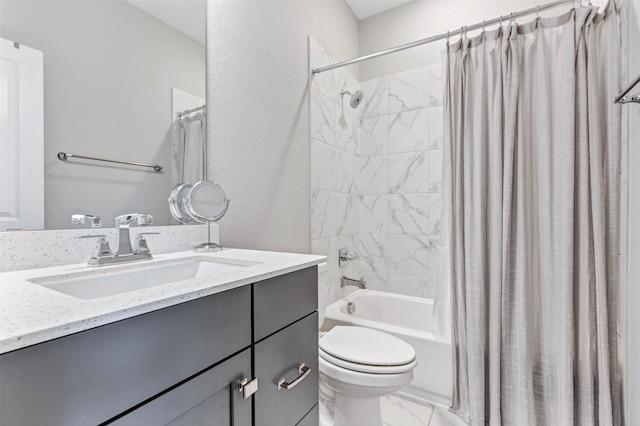 full bath with toilet, shower / bathtub combination with curtain, and vanity