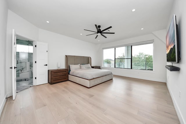 5327 S Braeswood Blvd, Houston, TX 77096 - bedroom with light wood finished floors, recessed lighting, baseboards, and a ceiling fan