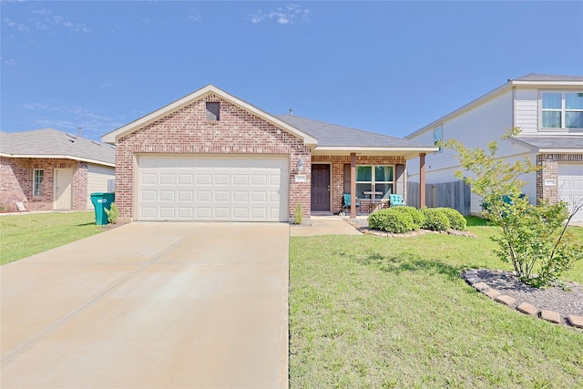 ranch-style house with driveway, an attached garage, a front yard, brick siding, and covered porch
