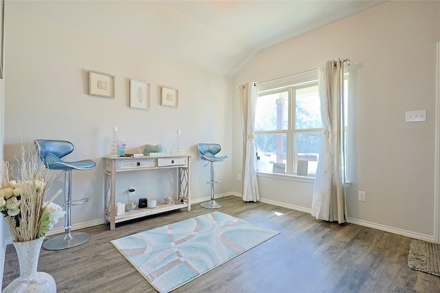 interior space with baseboards, wood finished floors, and vaulted ceiling