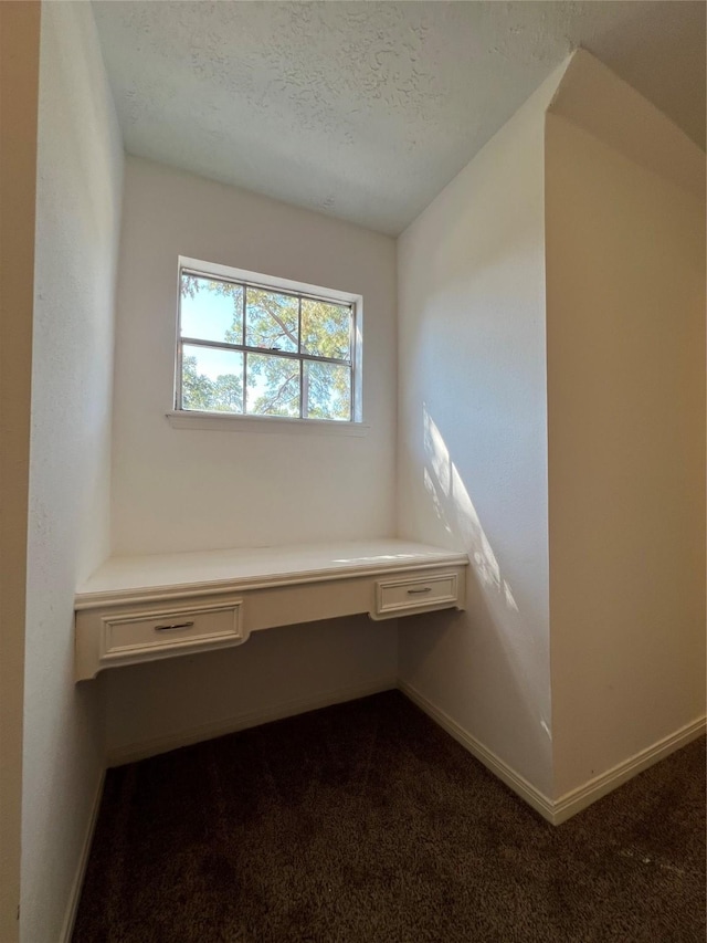602 Rosewood Dr, Shenandoah, TX 77381 - unfurnished office with dark colored carpet, a textured ceiling, and baseboards