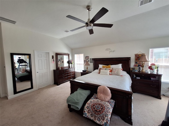 3210 Vintage View Ln, Pearland, TX 77584 - bedroom featuring light colored carpet, vaulted ceiling, multiple windows, and a ceiling fan