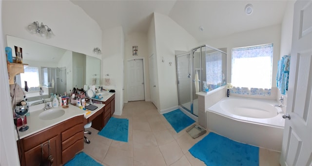 3210 Vintage View Ln, Pearland, TX 77584 - full bath featuring a garden tub, a shower stall, double vanity, vaulted ceiling, and tile patterned floors