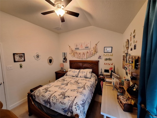 3210 Vintage View Ln, Pearland, TX 77584 - bedroom with vaulted ceiling, ceiling fan, and baseboards