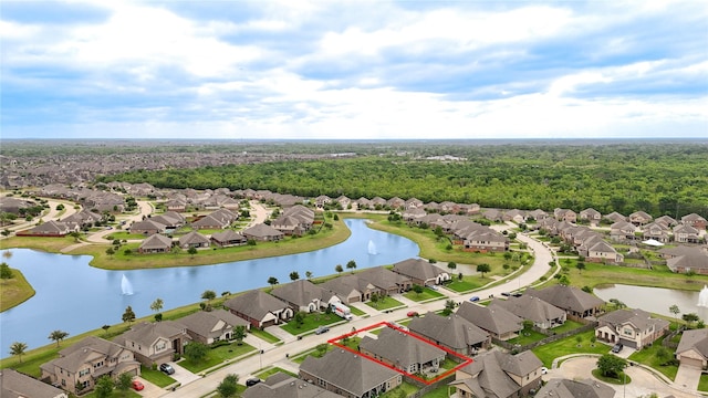 3210 Vintage View Ln, Pearland, TX 77584 - aerial view of residential area with property boundaries highlighted, a large body of water, and a forest