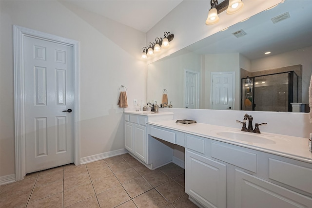 bathroom featuring double vanity, visible vents, a sink, and a stall shower
