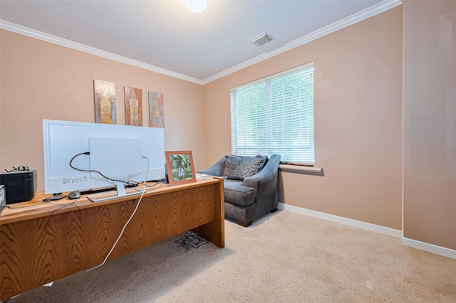 office space featuring visible vents, baseboards, and ornamental molding