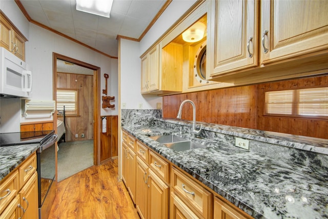 kitchen featuring a sink, ornamental molding, black electric range oven, light wood-style floors, and white microwave