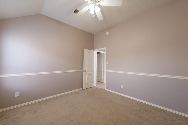 24807 Mason Trail Dr, Katy, TX 77493 - carpeted spare room with visible vents, ceiling fan, baseboards, and lofted ceiling