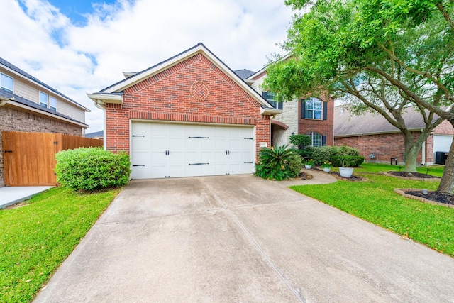 24807 Mason Trail Dr, Katy, TX 77493 - view of front of home featuring a front yard, a garage, fence, brick siding, and driveway