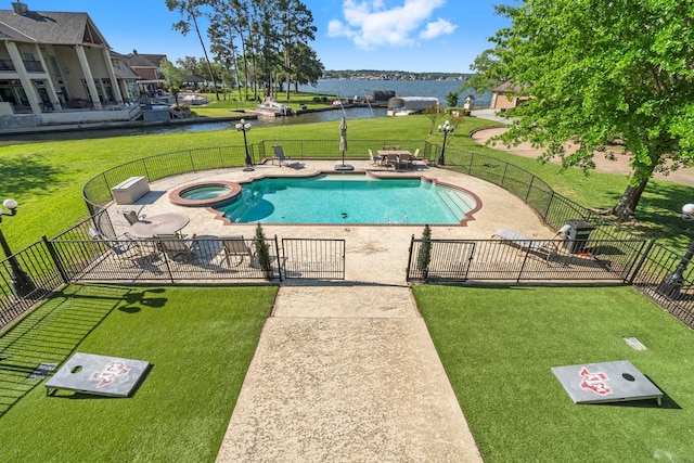 2906 Penninsula Pt, Montgomery, TX 77356 - view of pool with a water view, a patio, and a pool with connected hot tub