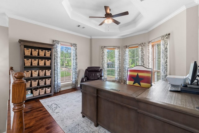 2906 Penninsula Pt, Montgomery, TX 77356 - home office with dark wood finished floors, a ceiling fan, crown molding, and a tray ceiling